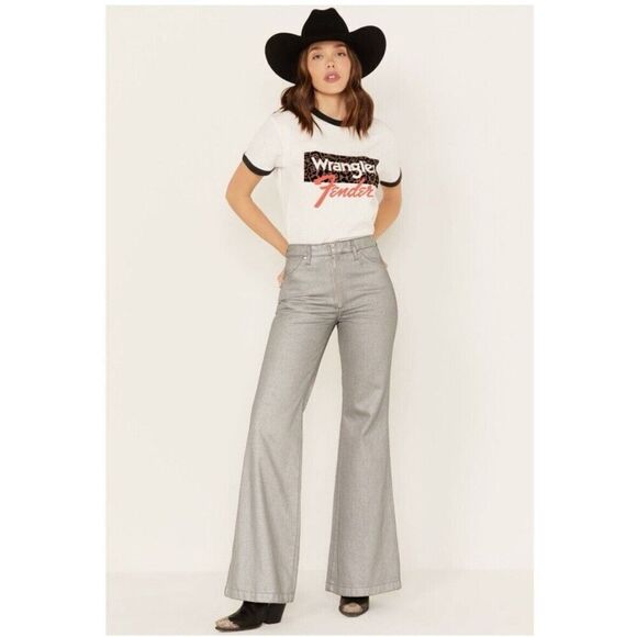 Wrangler X Fender Wanderer High Rise Flare Jeans NWT Womens 26 x 30 Silver - Picture 1 of 14